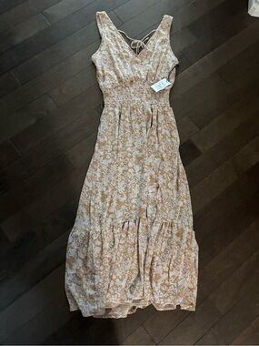 Smocked Waist Floral Maxi Dress in Beige and Blush